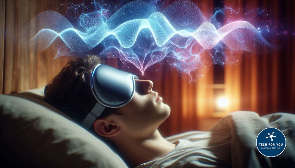 Άνθρωπος που κοιμάται φορώντας high-tech brain-sensing headband με ορατά εγκεφαλικά κύματα.