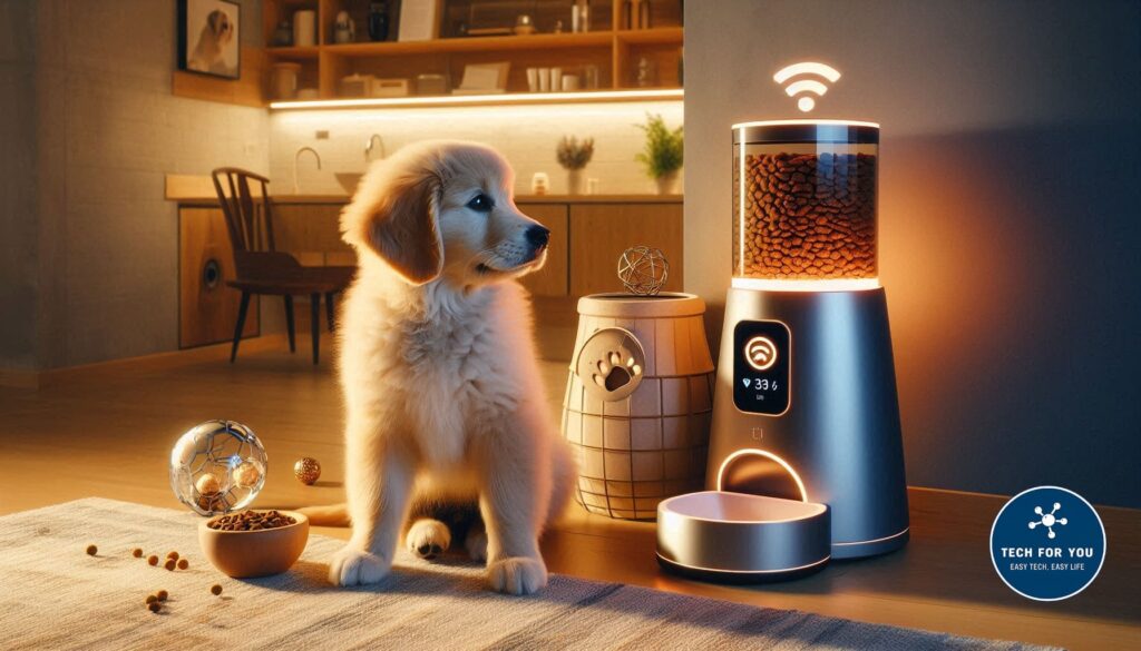 Golden Retriever puppy με έξυπνη ταΐστρα και Pet Tech gadgets σε μοντέρνο σπίτι