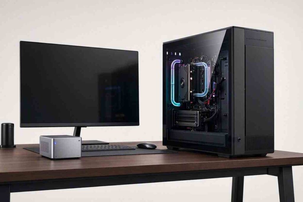 Σύγκριση Mini PC με κλασικό Desktop PC πύργο σε γραφείο για επιλογή συστήματος.