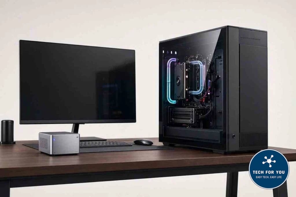 Σύγκριση Mini PC με κλασικό Desktop PC πύργο σε γραφείο για επιλογή συστήματος.